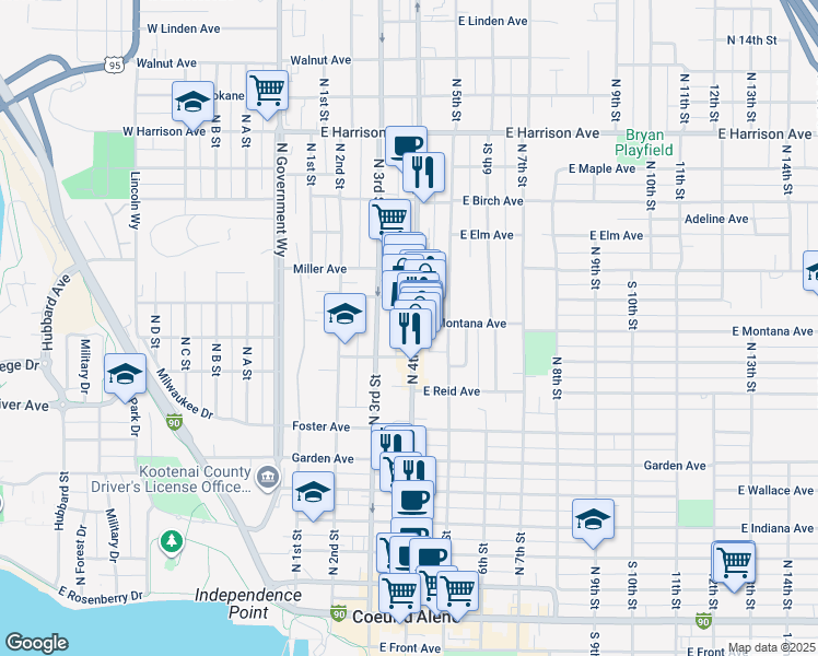 map of restaurants, bars, coffee shops, grocery stores, and more near 811 North 4th Street in Coeur d'Alene