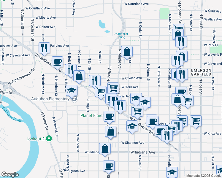 map of restaurants, bars, coffee shops, grocery stores, and more near 1623 West York Avenue in Spokane