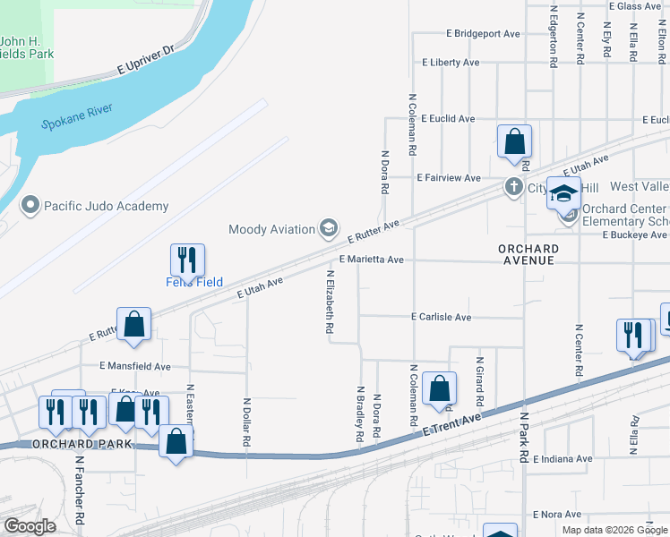 map of restaurants, bars, coffee shops, grocery stores, and more near 2577 North Elizabeth Road in Spokane Valley