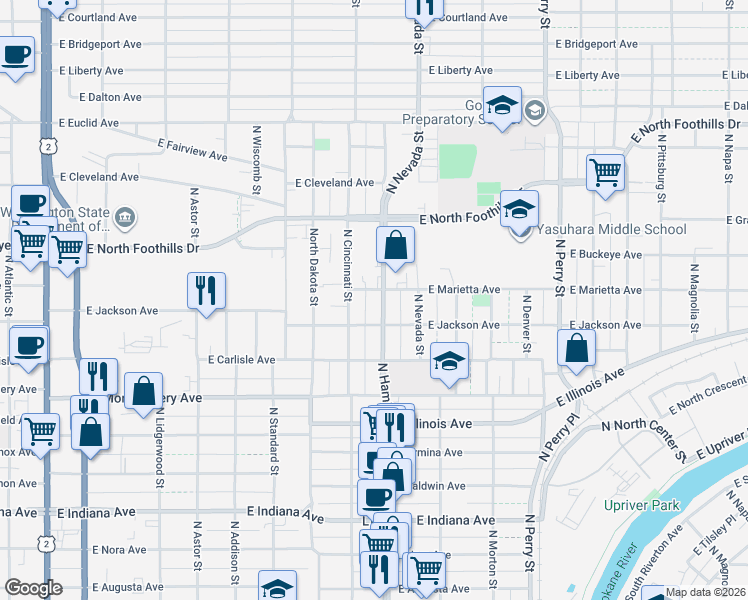 map of restaurants, bars, coffee shops, grocery stores, and more near 817 East Jackson Avenue in Spokane