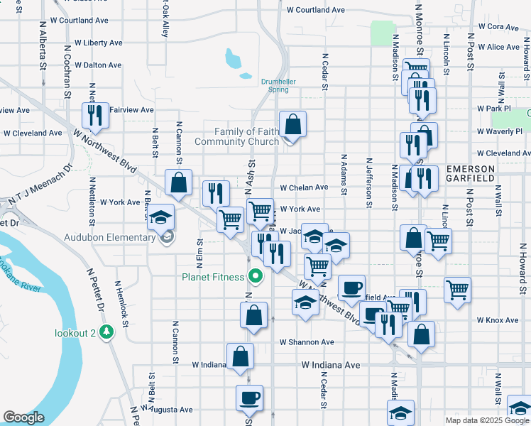 map of restaurants, bars, coffee shops, grocery stores, and more near 1623 West York Avenue in Spokane