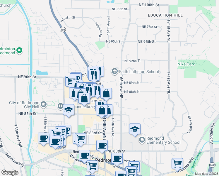 map of restaurants, bars, coffee shops, grocery stores, and more near 8702 Washington 202 in Redmond