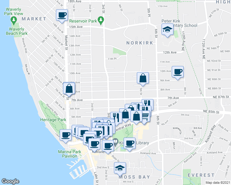 map of restaurants, bars, coffee shops, grocery stores, and more near in Kirkland
