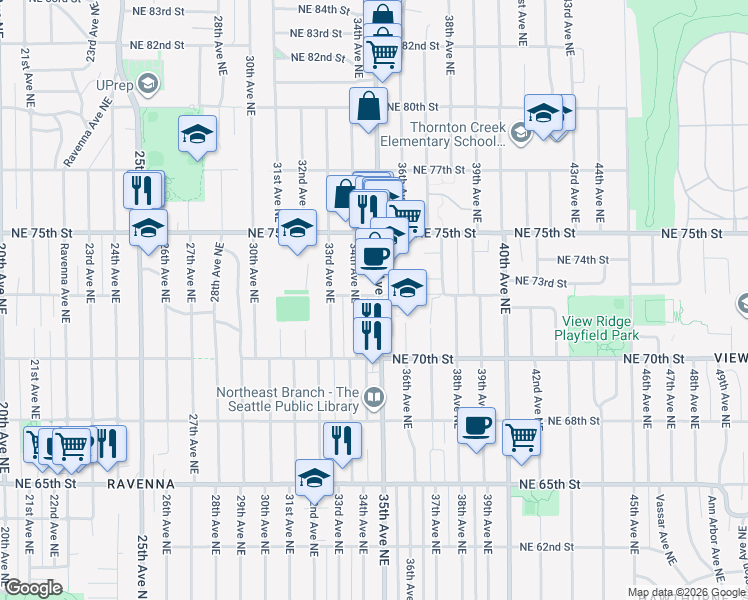 map of restaurants, bars, coffee shops, grocery stores, and more near 7037 35th Avenue Northeast in Seattle
