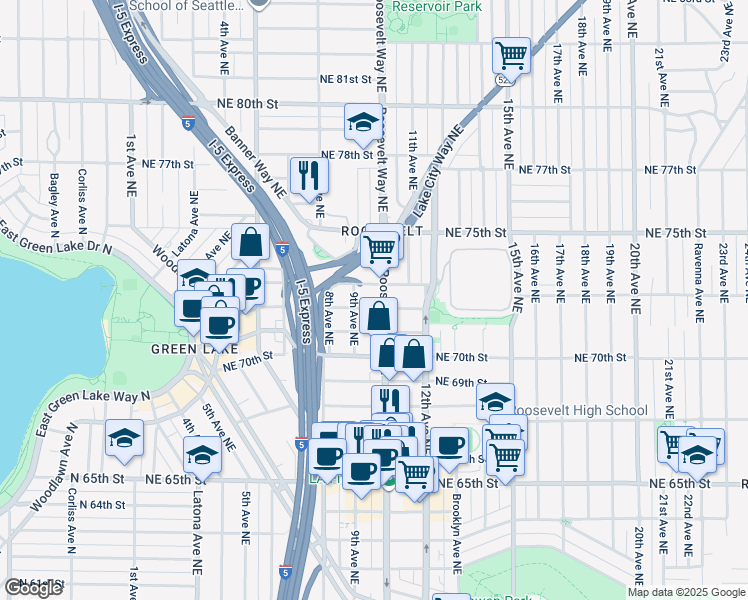 map of restaurants, bars, coffee shops, grocery stores, and more near 7120 Roosevelt Way Northeast in Seattle