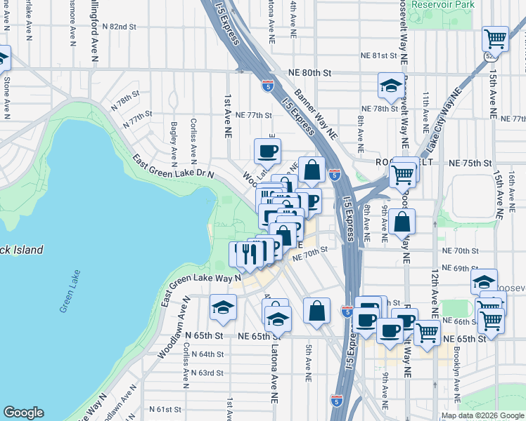map of restaurants, bars, coffee shops, grocery stores, and more near 7203 East Green Lake Drive North in Seattle