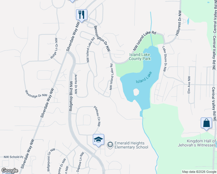 map of restaurants, bars, coffee shops, grocery stores, and more near 1300 Northwest Slate Lane in Silverdale