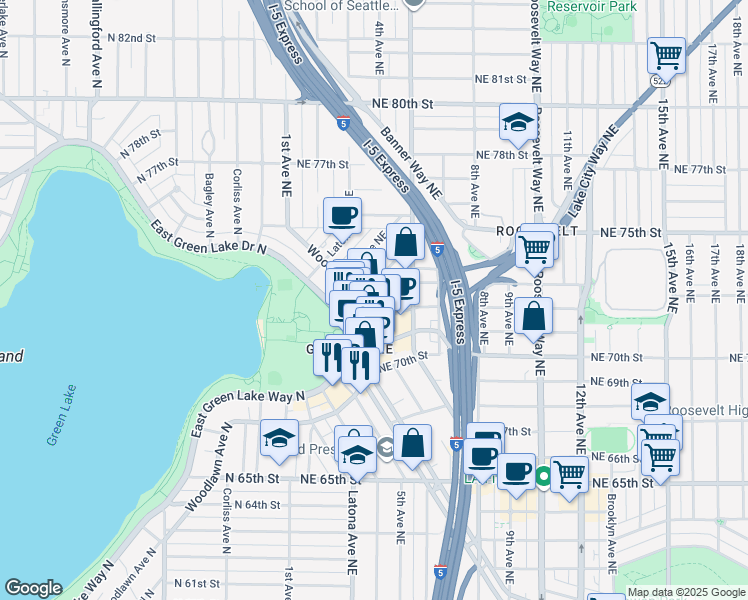 map of restaurants, bars, coffee shops, grocery stores, and more near 407 Northeast 73rd Street in Seattle