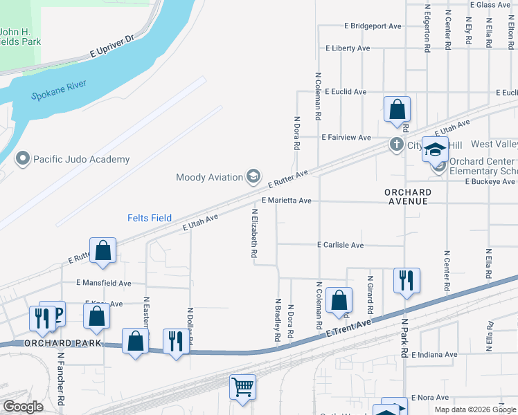 map of restaurants, bars, coffee shops, grocery stores, and more near 2577 North Elizabeth Road in Spokane Valley