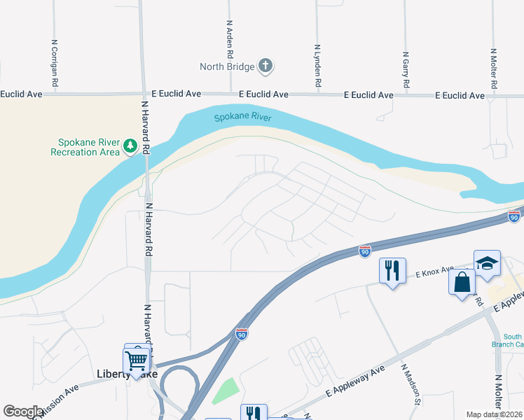 map of restaurants, bars, coffee shops, grocery stores, and more near 2600 North Lynden Road in Liberty Lake