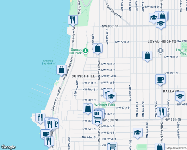 map of restaurants, bars, coffee shops, grocery stores, and more near 3218 Northwest 72nd Street in Seattle