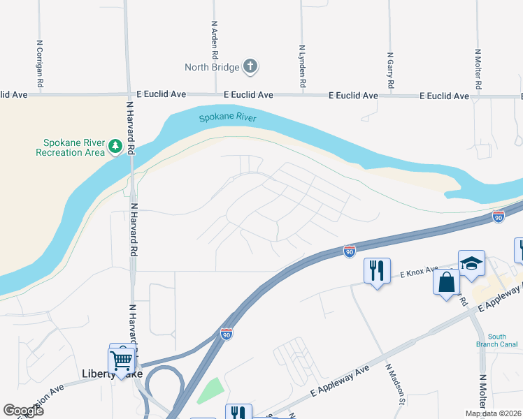 map of restaurants, bars, coffee shops, grocery stores, and more near 2600 North Lynden Road in Liberty Lake