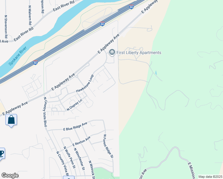 map of restaurants, bars, coffee shops, grocery stores, and more near 24900 Spotted Owl Lane in Liberty Lake