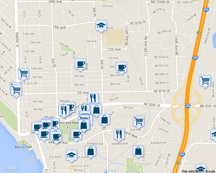 map of restaurants, bars, coffee shops, grocery stores, and more near 619 8th Avenue in Kirkland