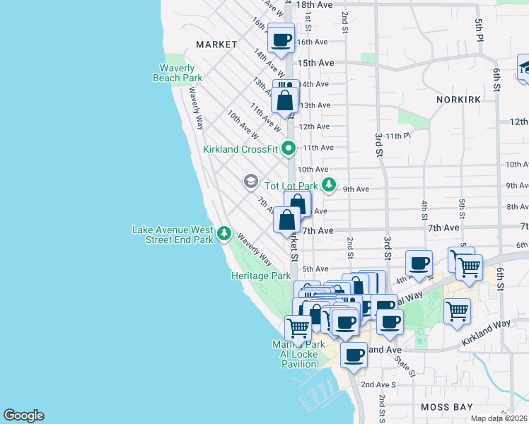map of restaurants, bars, coffee shops, grocery stores, and more near 508 2nd Street in Kirkland