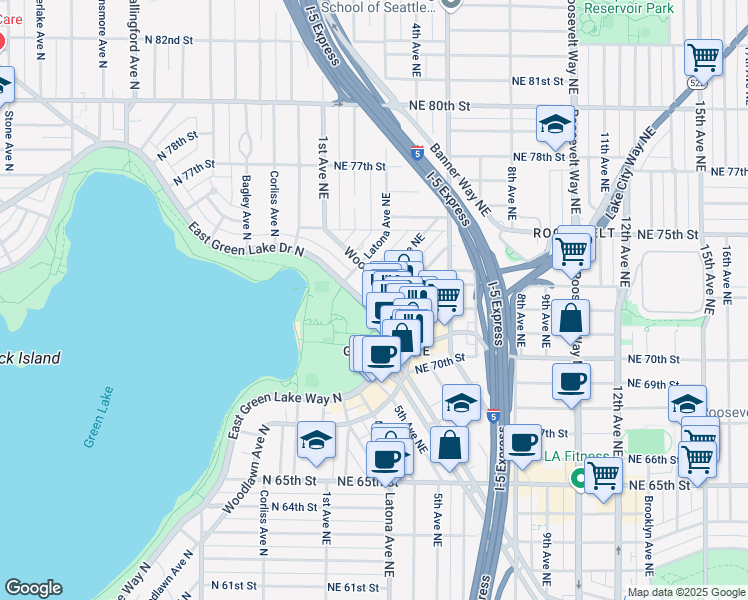 map of restaurants, bars, coffee shops, grocery stores, and more near 7203 East Green Lake Drive North in Seattle