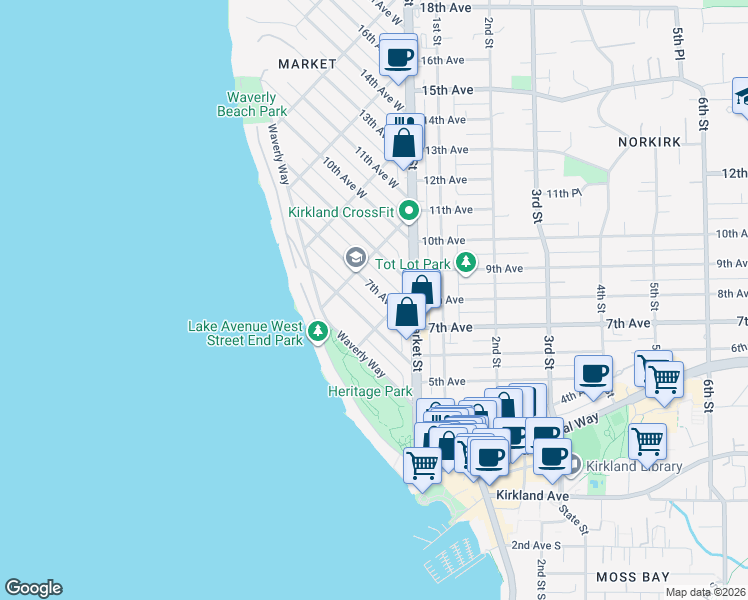 map of restaurants, bars, coffee shops, grocery stores, and more near 217 7th Avenue West in Kirkland