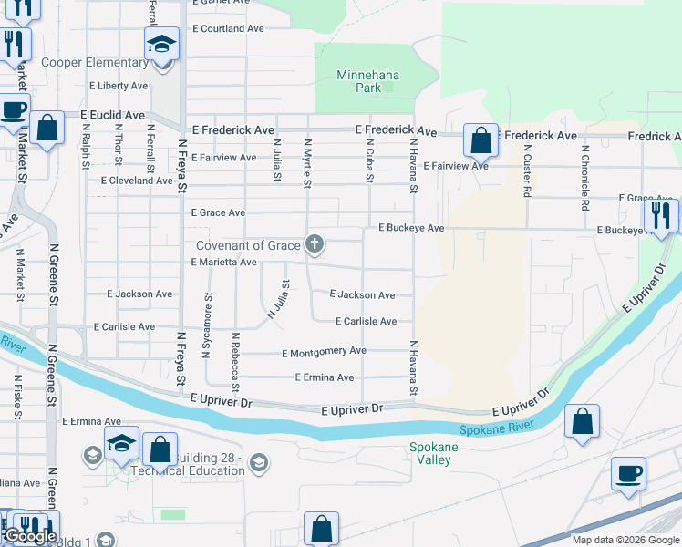 map of restaurants, bars, coffee shops, grocery stores, and more near 4116 East Jackson Avenue in Spokane
