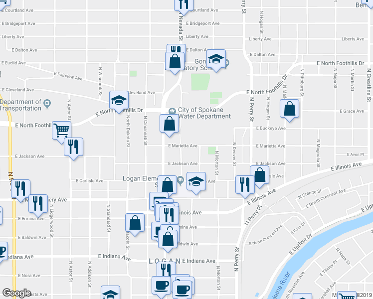 map of restaurants, bars, coffee shops, grocery stores, and more near 1003 East Jackson Avenue in Spokane