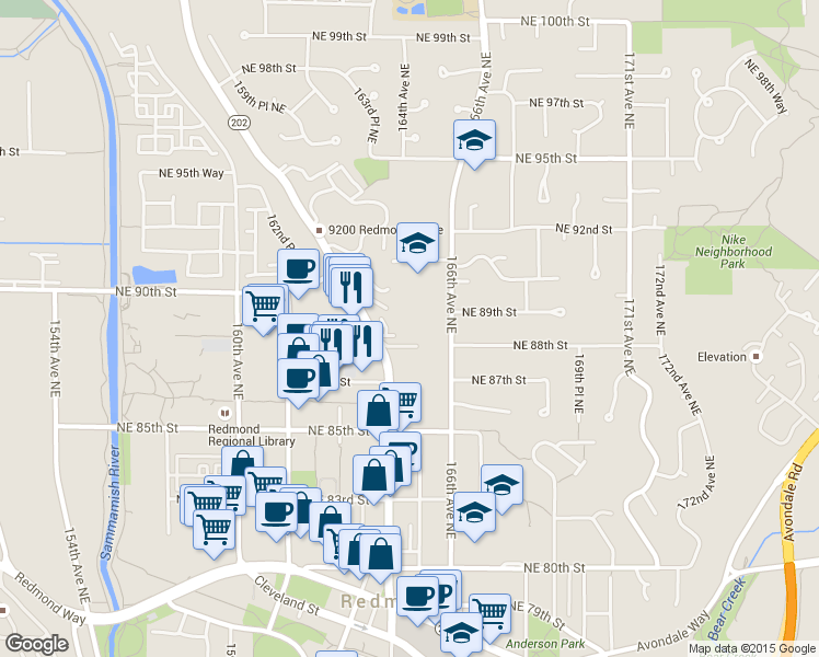 map of restaurants, bars, coffee shops, grocery stores, and more near 8702 Washington 202 in Redmond