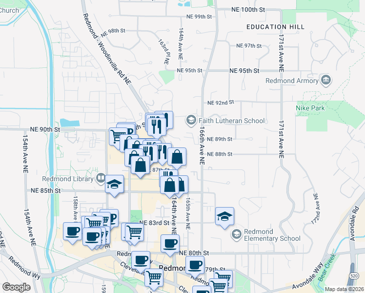 map of restaurants, bars, coffee shops, grocery stores, and more near 8702 Washington 202 in Redmond