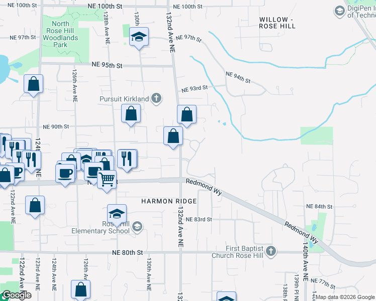 map of restaurants, bars, coffee shops, grocery stores, and more near 8624 133rd Ave NE in Redmond