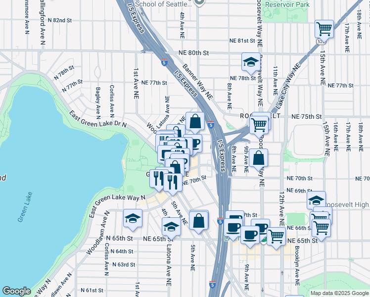 map of restaurants, bars, coffee shops, grocery stores, and more near 427 Northeast 72nd Street in Seattle
