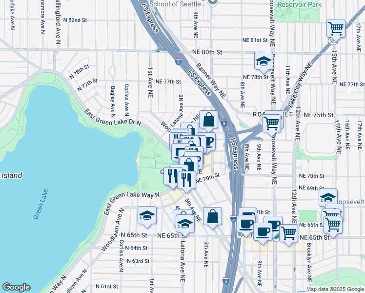 map of restaurants, bars, coffee shops, grocery stores, and more near 312 Northeast 72nd Street in Seattle