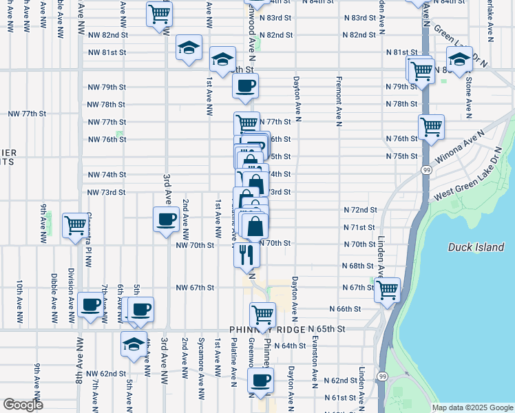 map of restaurants, bars, coffee shops, grocery stores, and more near 7102 Greenwood Avenue North in Seattle