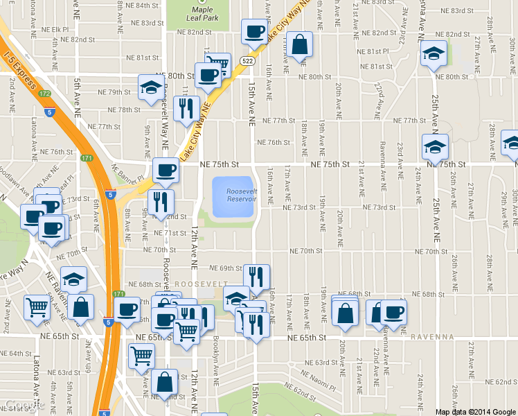 map of restaurants, bars, coffee shops, grocery stores, and more near 15th Avenue Northeast & Northeast 73rd Street in Seattle