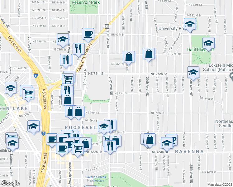 map of restaurants, bars, coffee shops, grocery stores, and more near 16th Avenue Northeast & Northeast 73rd Street in Seattle