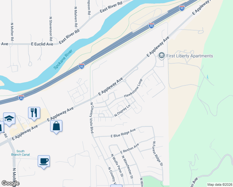 map of restaurants, bars, coffee shops, grocery stores, and more near 24512 Hawkstone Loop in Liberty Lake