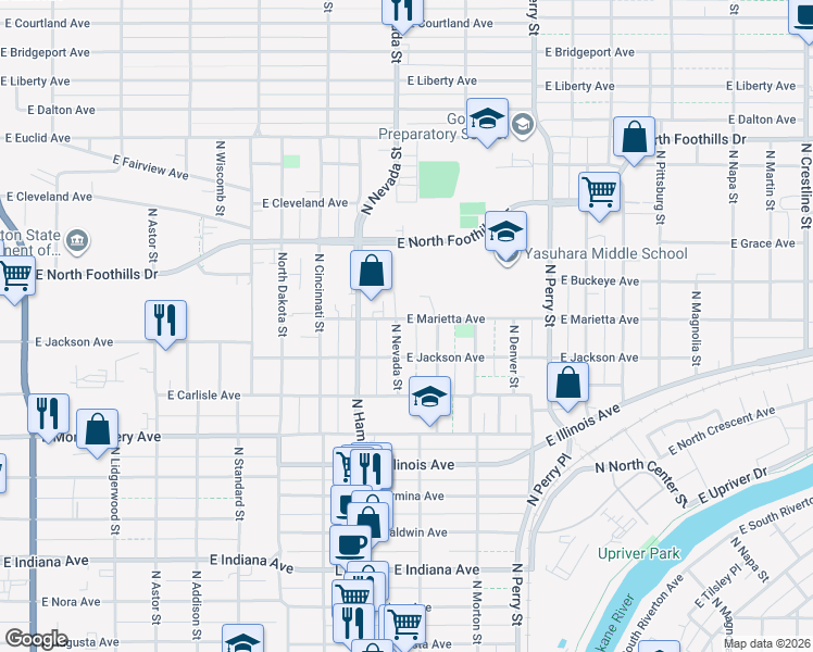 map of restaurants, bars, coffee shops, grocery stores, and more near 2534 North Nevada Street in Spokane