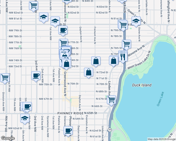 map of restaurants, bars, coffee shops, grocery stores, and more near 548 North 73rd Street in Seattle