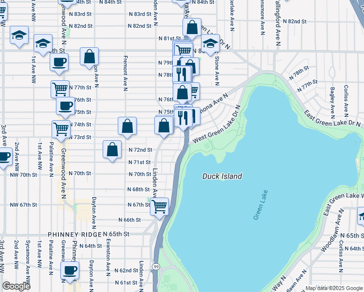 map of restaurants, bars, coffee shops, grocery stores, and more near 950 North 72nd Street in Seattle