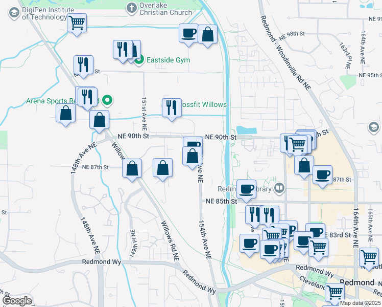 map of restaurants, bars, coffee shops, grocery stores, and more near 15375 Northeast 90th Street in Redmond