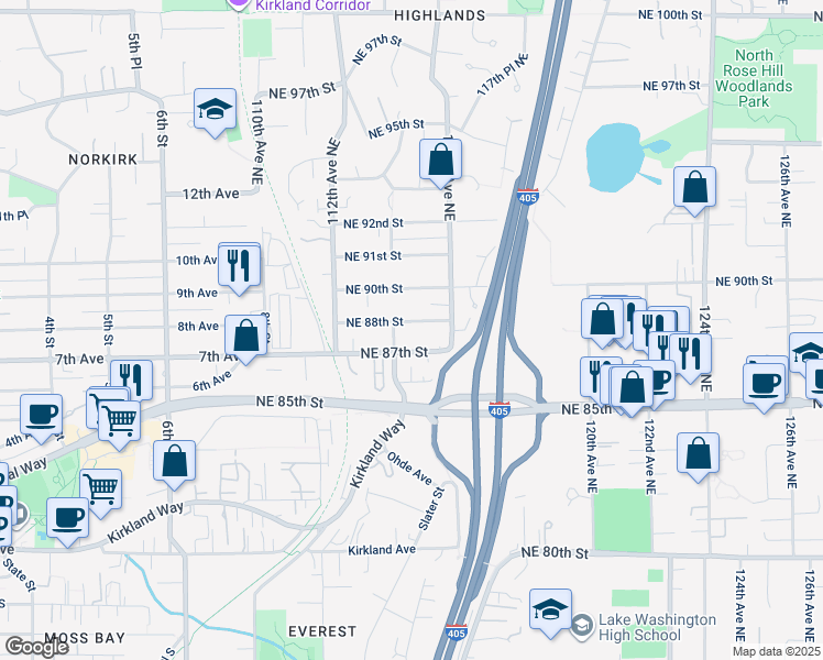 map of restaurants, bars, coffee shops, grocery stores, and more near 11413 Northeast 88th Street in Kirkland