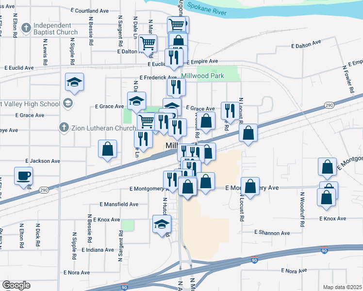 map of restaurants, bars, coffee shops, grocery stores, and more near in Millwood