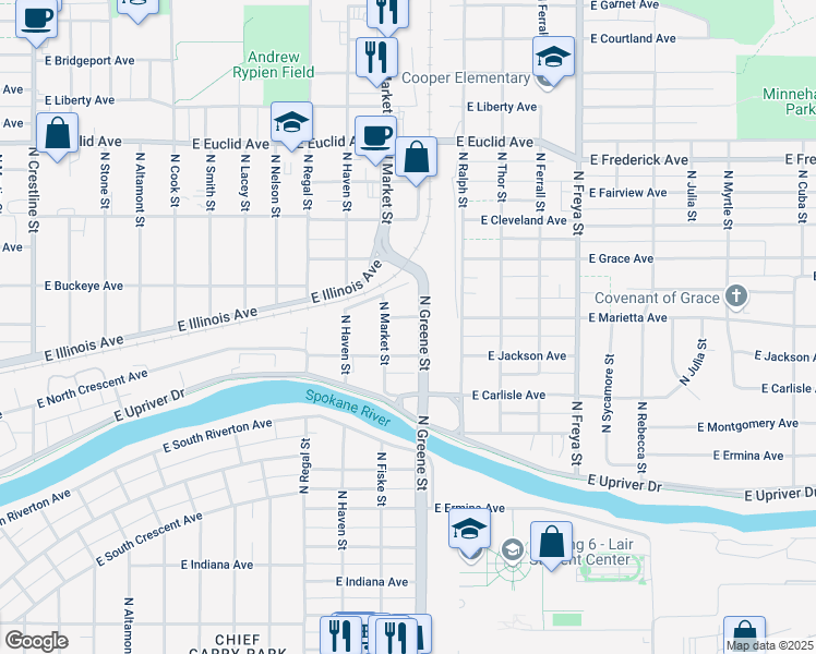 map of restaurants, bars, coffee shops, grocery stores, and more near 3117 East Marietta Avenue in Spokane