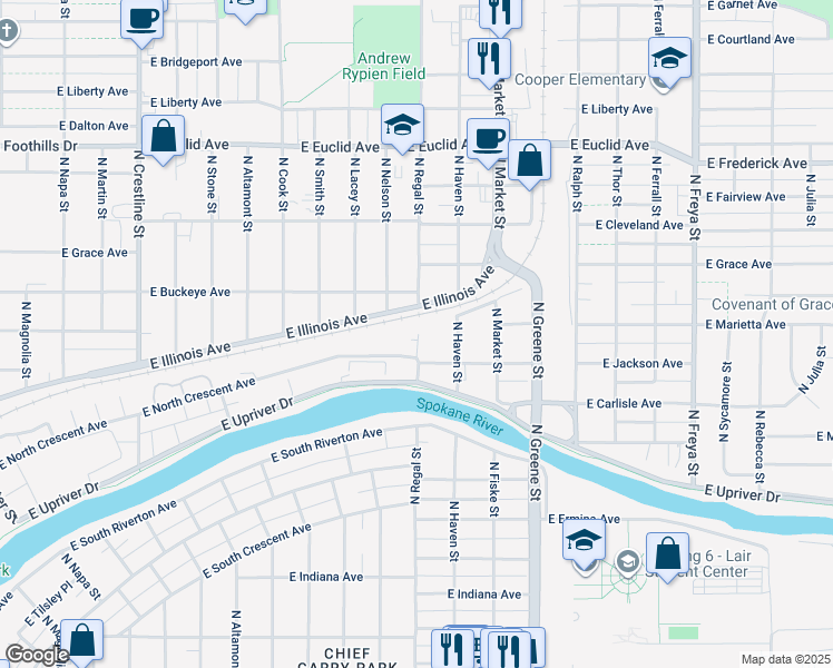 map of restaurants, bars, coffee shops, grocery stores, and more near 2809 East Illinois Avenue in Spokane