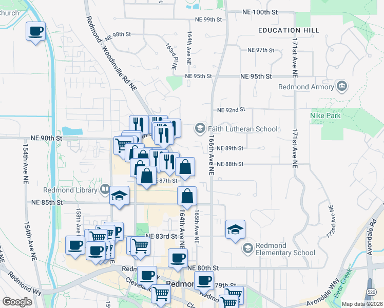 map of restaurants, bars, coffee shops, grocery stores, and more near in Redmond