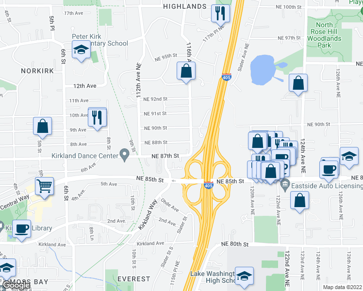 map of restaurants, bars, coffee shops, grocery stores, and more near 11433 Northeast 90th Street in Kirkland