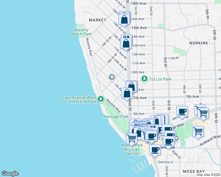 map of restaurants, bars, coffee shops, grocery stores, and more near 311 7th Avenue West in Kirkland