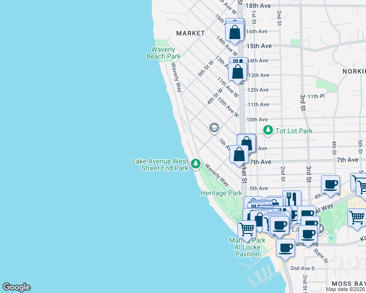 map of restaurants, bars, coffee shops, grocery stores, and more near 403 Lake Avenue West in Kirkland