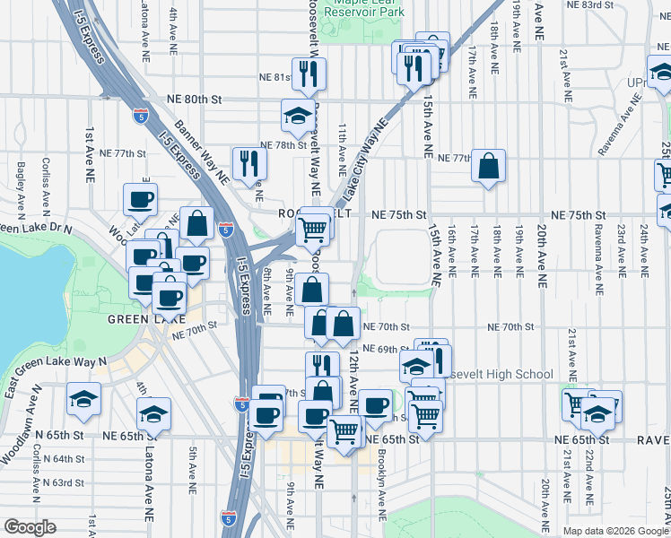 map of restaurants, bars, coffee shops, grocery stores, and more near 7310 11th Avenue Northeast in Seattle