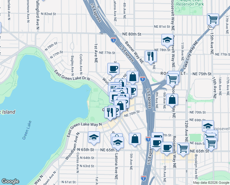 map of restaurants, bars, coffee shops, grocery stores, and more near 7420 4th Avenue Northeast in Seattle