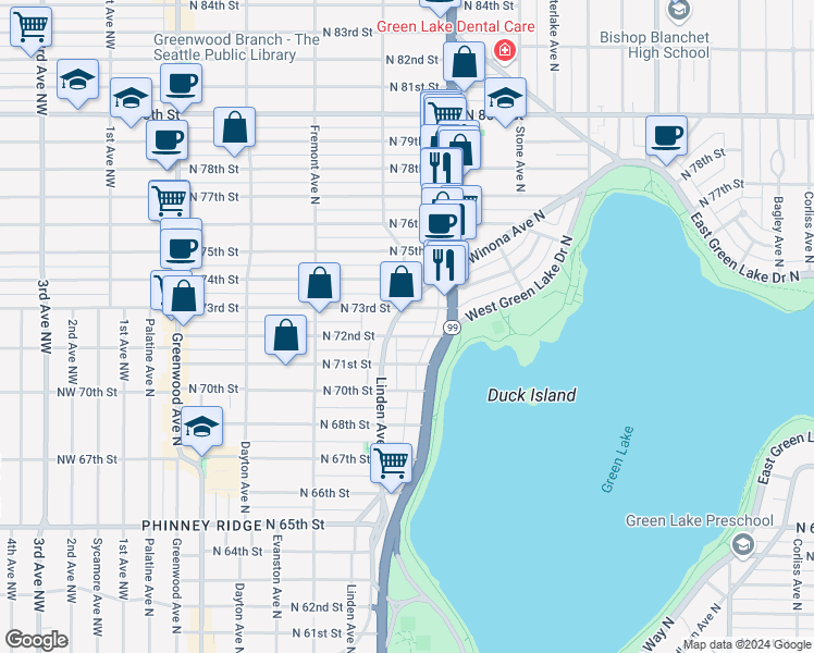 map of restaurants, bars, coffee shops, grocery stores, and more near in Seattle