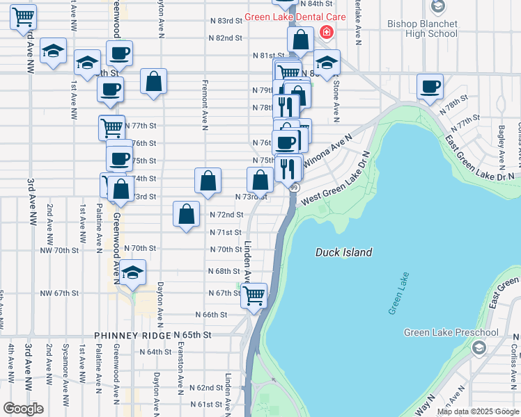 map of restaurants, bars, coffee shops, grocery stores, and more near in Seattle