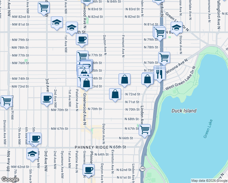 map of restaurants, bars, coffee shops, grocery stores, and more near 548 North 73rd Street in Seattle