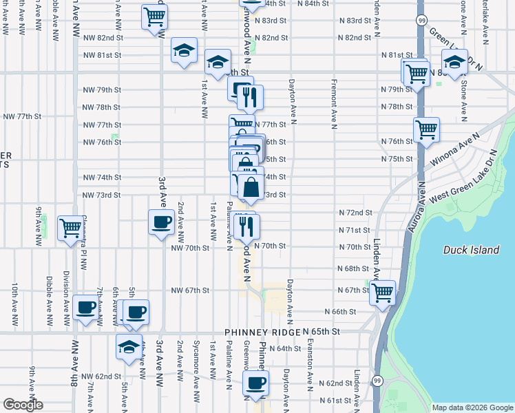map of restaurants, bars, coffee shops, grocery stores, and more near 7304 Greenwood Avenue North in Seattle